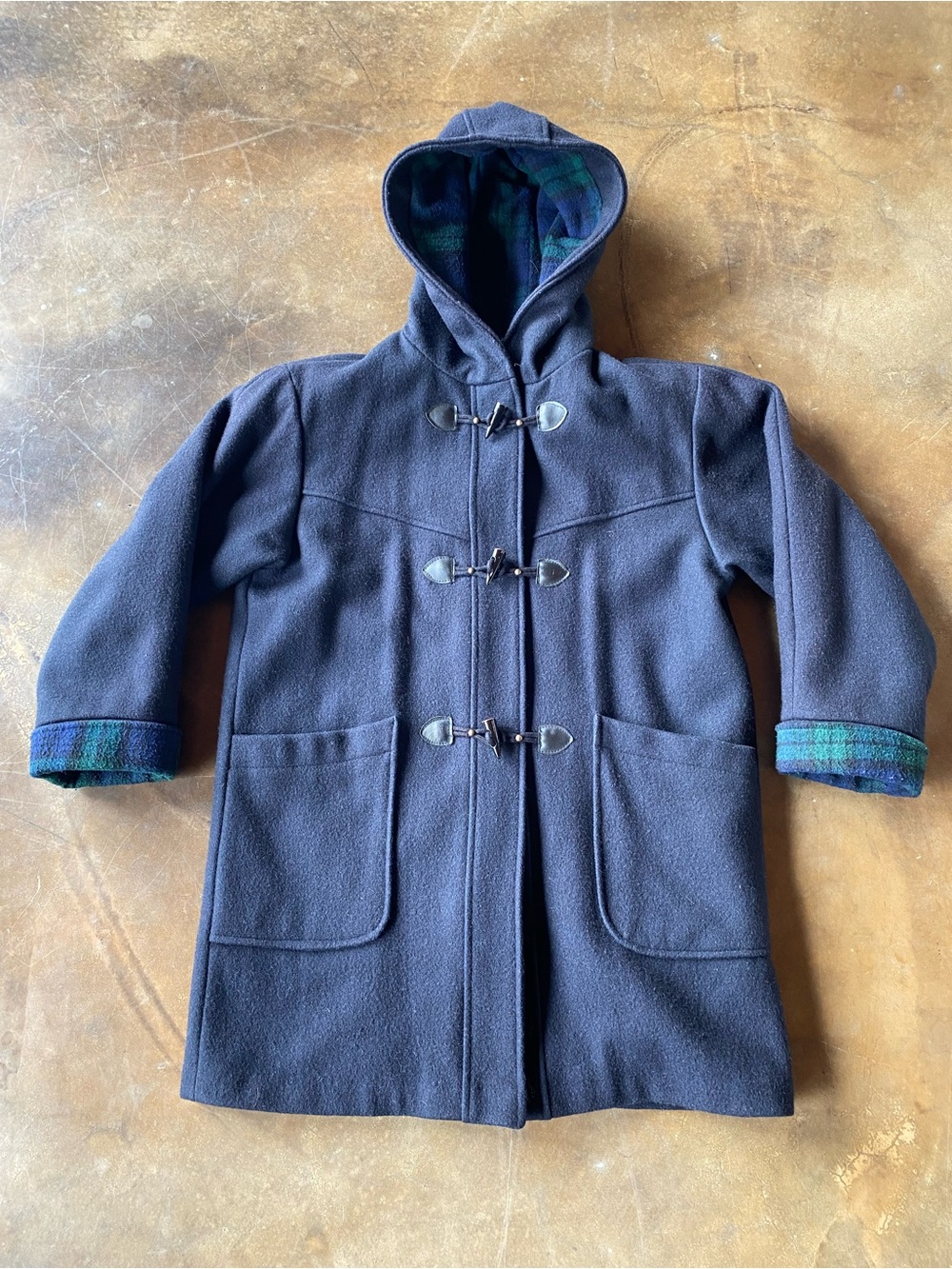 VTG 80s 90s Dalmys Canada Wool Navy Hooded Duffle Long Coat Plaid Lined Jacket